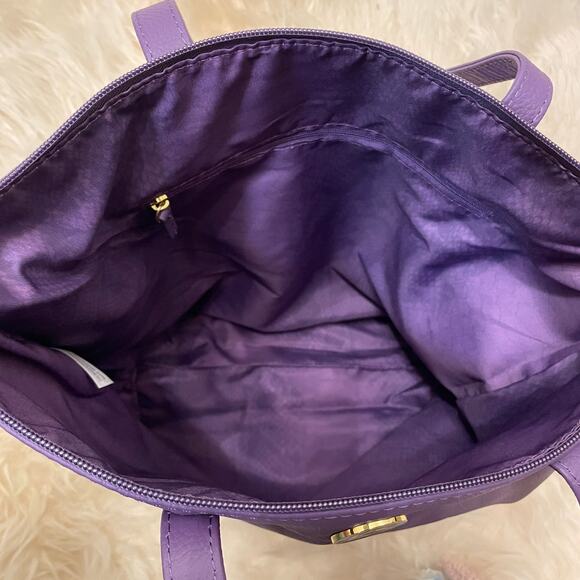 Joy Mangano Leather Tote | Purple Zip Top Bag, Gold Logo, Clean Interior NWOT - Picture 7 of 9